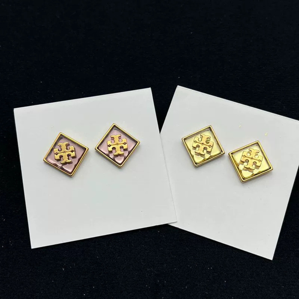 Tory Burch Gold Plated Copper Double Square Acrylic Stud Earrings